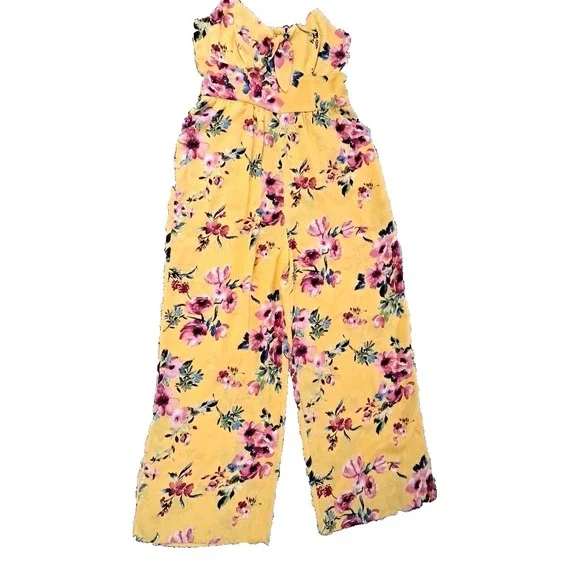 Xhilaration Jumpsuit L Yellow Floral Smocked Back Slit Wide Leg Adjustable Boho - Picture 7 of 14